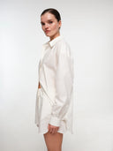 Off-white cotton poplin set by MOSAÏKA close-up of shirt and shorts