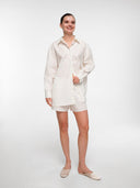 Off-white cotton poplin set by MOSAÏKA worn on model full body relaxed pose