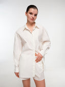Off-white cotton poplin set by MOSAÏKA close-up of oversized shirt
