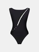 Black Pearl Wave bodysuit by MOSAÏKA with diagonal pearl detail on white background