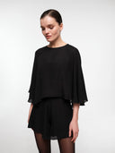Black silk cape set by MOSAÏKA worn on model full body front view