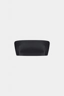 Black strapless crop top by MOSAÏKA front view minimal structured bandeau silhouette